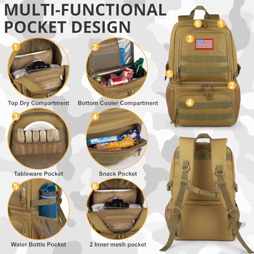 Tactical Double Deck Cooler Backpack for Men,Large Lunch Backpack with 2 Compartment,Soft Cooler Bag - color: Brown, size: Large