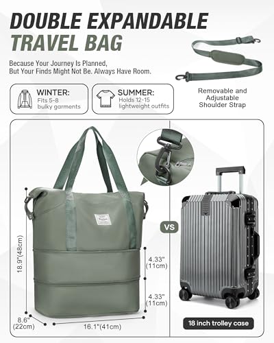 Expandable Travel Duffle Bag for Women Men, Large Gym Bag Travel Tote Bags, Waterproof Carry On Personal Item Bag Airline Approved, Workout Weekender Bag for Overnight Trips with Luggage Sleeve, Green - color: C-Green