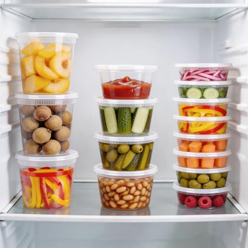 BYSNOW 60 Sets Deli Containers with Lids, 32/16/8 oz X 20 Set Each, Leak-Proof & BPA Free Airtight Stackable Takeout Plastic Food Storage Containers, Freezer/Microwave/Dishwasher Safe