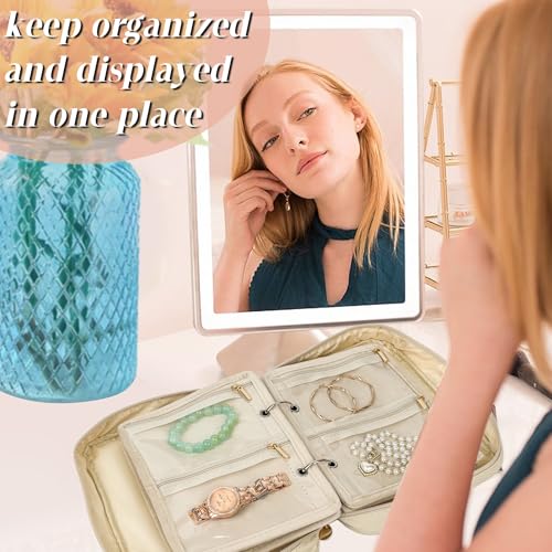 Travel Jewelry Organizer Case,Jewelry Bags for Traveling, Jewelry Binder with 24 Pcs Clear Zipper Velvet Pouches for Storing Earrings, Rings, Necklace, Bracelet, Watch (Beige) - color: Beige