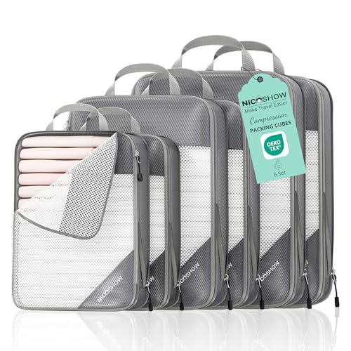 NICOSHOW 6 Set Compression Packing Cubes for Travel - Compressible, Lightweight, and Space-Saving Packing Cubes, Travel Essentials for Women, Grey - color: Grey, size: 6 pcs