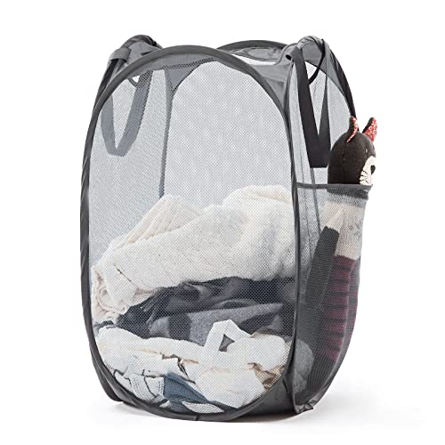 TECHMILLY Collapsible Mesh Pop Up Laundry Hamper with Sturdy Handles and Side Pocket - Portable Foldable Clothes Baskets for Dorm, Bathroom & Travel Storage (Grey) - color: Gray, size: 1 Pack