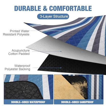 Picnic Blankets Outdoor Extra Large - 80"x80" Waterproof Beach Blanket, Machine Washable 3-Layer Foldable Park Mat with Sandproof Backing for Grass, Hiking, Travel, Concerts, Indoor (BlueStrip) - color: Blue