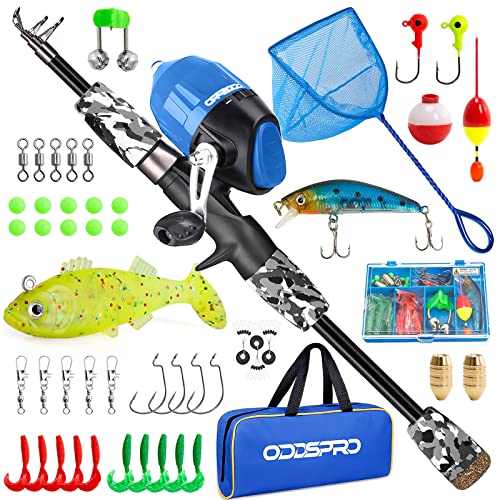 ODDSPRO Kids Fishing Pole Pink, Portable Telescopic Fishing Rod and Reel Combo Kit - with Spincast Fishing Reel Tackle Box for Girls, Youth - color: Black+Net, size: 4.92 ft