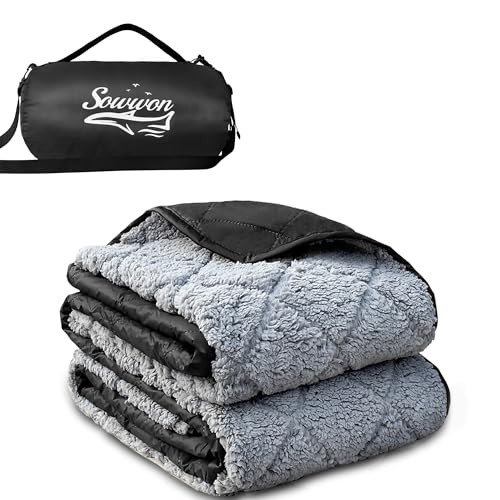 Waterproof Outdoor Blanket 62”X 51” Packable, Stadium Blankets for Camping with Sherpa Fleece Lining, Large Windproof Emergency Throw for Garss Picnic Hiking Road Trip, Machine Washable, Black 300GSM - color: Sherpa Black-300 Gsm, size: 62"x 51"