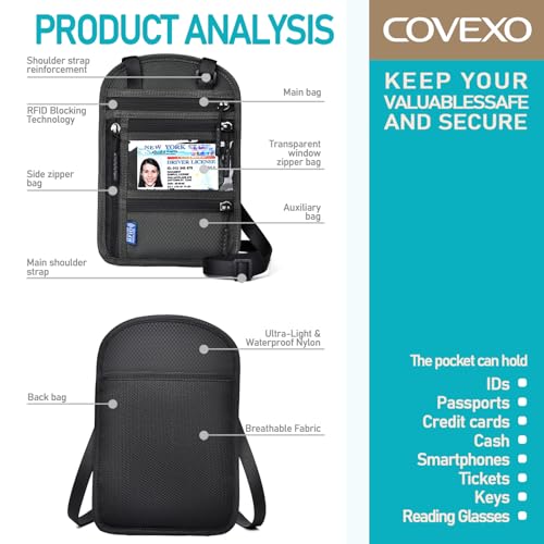 Neck Wallet for Travel, RFID Blocking Passport Holder - Slim Travel Pouch with Adjustable Strap | Holds Phone, Cards, Cash, Documents | Water-Resistant & Secure for Men & Women - color: Black