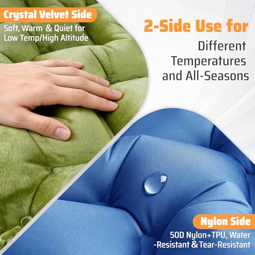 Camping Sleeping Pad, 4in Extra-Thick Inflatable Sleep Mat with Built-in Foot Pump & Pillow, Compact Camp Air Mattress for Backpacking, Hiking, Tent, Car, Travel Gear - color: Crystal Velvet Green+blue Nylon