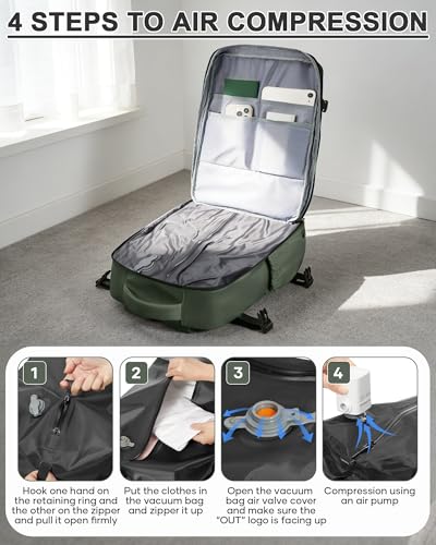 WONHOX Vacuum Seal Backpack for Travel with Air Pump Compression Daypack Personal Item Carry on Flight Approved Vacpack Laptop Space Saver Bags Storage with Vacuum System Travel Bag Women Men Green - color: A6-browngreen