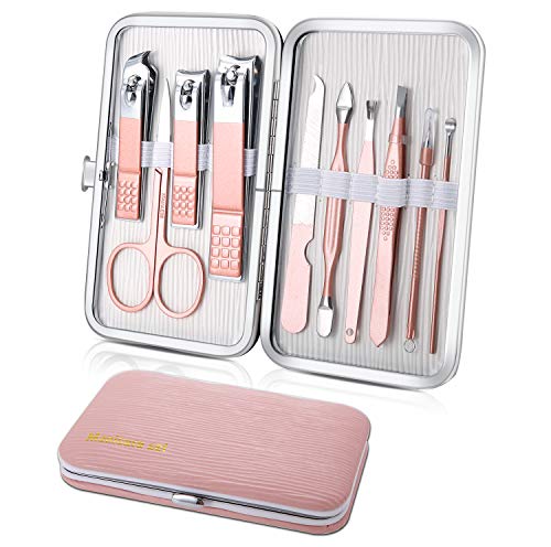 Manicure Set, Travel Mini Nail Clippers Kit Pedicure Care Tools, 10pcs Stainless Steel Grooming kit (Pink) - color: Pink