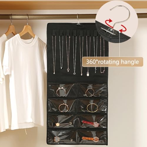 Hanging Jewelry Organizer Pockets Canvas Double Sided Rotating Hanger Necklace Hanging Wall Organizer Jewelry Roll for Earrings, Necklaces,Sunglasses,rings (Beige) - color: Beige