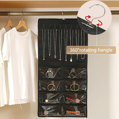 Hanging Jewelry Organizer Pockets Canvas Double Sided Rotating Hanger Necklace Hanging Wall Organizer Jewelry Roll for Earrings, Necklaces,Sunglasses,rings (Beige) - color: Beige