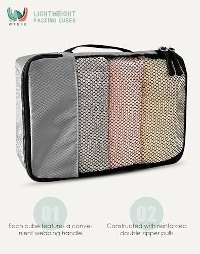 WTREE 4-Piece Packing Cubes Travel Accessories Set for Suitcases - Luggage Organizer Bags with Double Zipper - Mesh Top - Small/Medium/Large/Slim - Grey - color: Grey, size: Slim, Small, Medium, Large