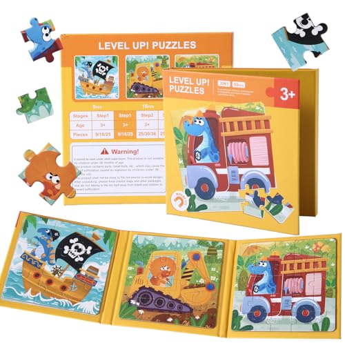 Magnetic Puzzles for Toddlers 3-5 Years, 3 in 1 Vehicle & Adventure Toys with 9/16/25 PCS, Travel Activity for Boys and Girls, Preschool Puzzle Game with Pirate Ship, Digger, Fire Truck - color: Yellow