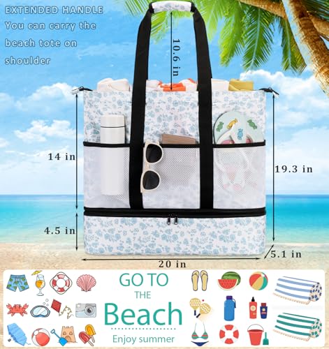 JIANYA Beach Bag Women Waterproof Sandproof Beach Tote Bags with Cooler Top Zipper Large Totes for Pool Travel Daily - color: Blue Flower