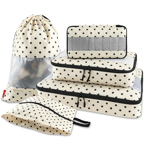 U+U 5 Set Packing Cubes for Travel Essentials Ultralight Luggage Packing Organizers with Laundry Bag and Shoe Bag for Vacation, Business Trip and Camping (Polka Dot) - color: Polka Dot