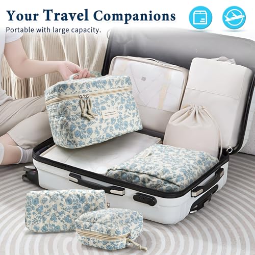 NATINSA Cute Makeup Bag for Women(2 Pcs), Travel Cosmetic Bags, Quilted Coquette Aesthetic Floral Toiletry Organizer Bag (46 - Sky Blue/4Pcs) - color: 46 - Sky Blue/4Pcs