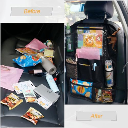 Osilly Car Seat Back Organizer, 2 Pack Backseat Storage Bag with Touch Screen Tablet Holder & 9 Pockets, Durable Waterproof Oxford Fabric, Travel Accessories, Road Trip Essentials for Kids