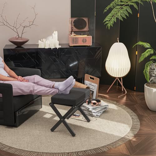 BAMBOOHOMIE Foldable Foot Stool Ottoman, Small Padded Foot Rest with Bamboo X-Legs, Portable Folding Leg Rest for Living Room Bedroom Office, Soft Foam Cushion Step Stool for Couch & Armchair (Black) - color: Black - Black