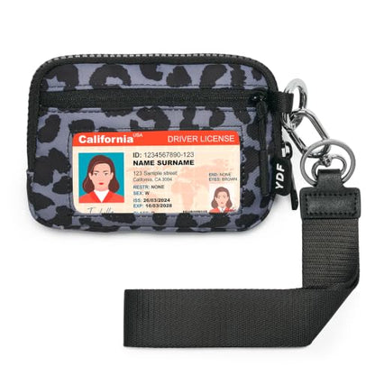 YDF Small Nylon Wristlet Wallet for Women, Minimalist Zip Keychain Coin Purse Card Case with Clear ID Window, Water-Resistant Pouch - color: Charcoal Leopard
