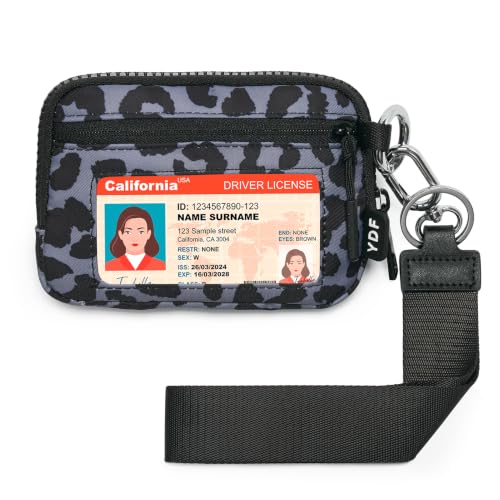 YDF Small Nylon Wristlet Wallet for Women, Minimalist Zip Keychain Coin Purse Card Case with Clear ID Window, Water-Resistant Pouch - color: Charcoal Leopard