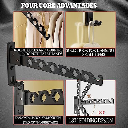 Wall Mount Coat Hanger Holder Black Clothes Drying Organizer Rack Garment Hooks Aluminium Retractable Folding Indoor Wall Mounted Hanger Space Saver for Laundry Room Bedroom Black 2 Pack with 8 Hooks - color: Black 2racks with Hooks