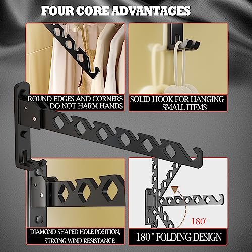 Dr.DJ Wall Mount Coat Hanger Holder Black Clothes Drying Organizer Rack Garment Hooks Aluminium Retractable Folding Indoor Wall Mounted Hanger for Laundry Room Bedroom Black 2Pack with 80cm Rod - color: Black 2Racks+Rod