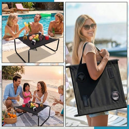 Portable Beach Table Foldable Camping Picnic Table with Cup Holder and Phone Pockets Lightweight Stable for Tailgate Travel Fishing Hiking and Outdoor Adventures(Black,Solid Pattern) - color: Black