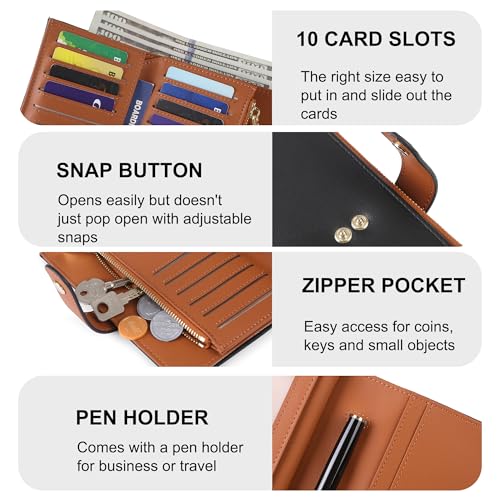 yiijay Wallet Women RFID Blocking Multi Cards Wallet Credit Card Holder for Women Large Capacity Lady Leather Trifold Travel Wallet with Pen Holder - color: 2Black&Brown