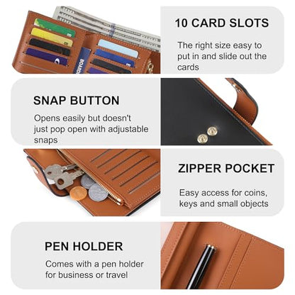 yiijay Wallet Women RFID Blocking Multi Cards Wallet Credit Card Holder for Women Large Capacity Lady Leather Trifold Travel Wallet with Pen Holder - color: 2Black&Brown