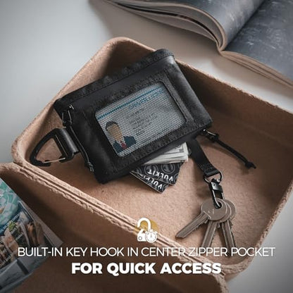 VULKIT RFID Blocking Lanyard Wallet for Men and Women, Nylon Neck Wallet with ID Window, Zipper Pouch and Keychain, Magnetic Pocket for Hiking, Fishing and Outdoor Activities, Carbon Black - color: Carbon Black