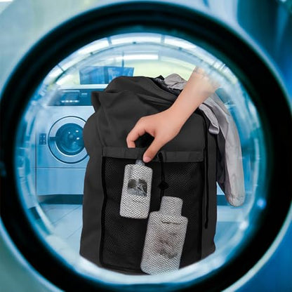 Laundry Bag Backpack, Large Travel Laundry Bags with Shoulder Straps & Mesh Pocket Durable Polyster Clothes Hamper Bag for College Laundromat Apartment (Black, Large) - color: Black, size: Large