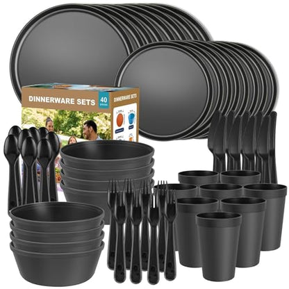 40 Piece Plastic Dinnerware Set for 8 with Cutlery, Unbreakable Plates and Bowls Set, Dishwasher & Microwave Safe Reusable Dish Set for Camping, RV, Outdoor Kitchen, Apartment Dining, Black - color: Black