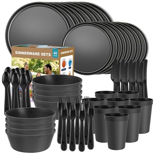 40 Piece Plastic Dinnerware Set for 8 with Cutlery, Unbreakable Plates and Bowls Set, Dishwasher & Microwave Safe Reusable Dish Set for Camping, RV, Outdoor Kitchen, Apartment Dining, Black - color: Black