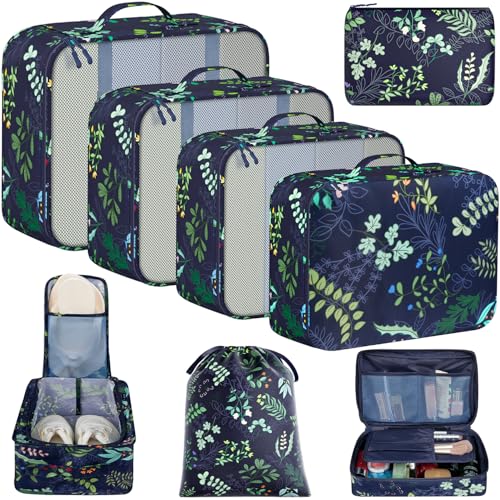 BAGAIL 8 Set Packing Cubes Luggage Packing Organizers for Travel Accessories-Navy Leaf - color: Navy Leaf, size: 8 Set