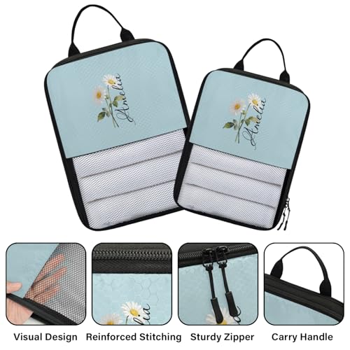 Custom 6 Set Compression Packing Cubes for Travel, Personalized Lightweight Luggage Organizer Bags with Birth Flower, Expandable Large Expandable Packing Organizer, Blue Pinks Purple - color: Light Blue