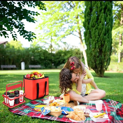 Reusable 6 Cup Drink Carrier with Handle and Insulated Food Delivery Bag, Portable Plastic Cup Caddy, 26L Grocery Cooler Box for Car Delivery, Travel, Picnic - color: Red