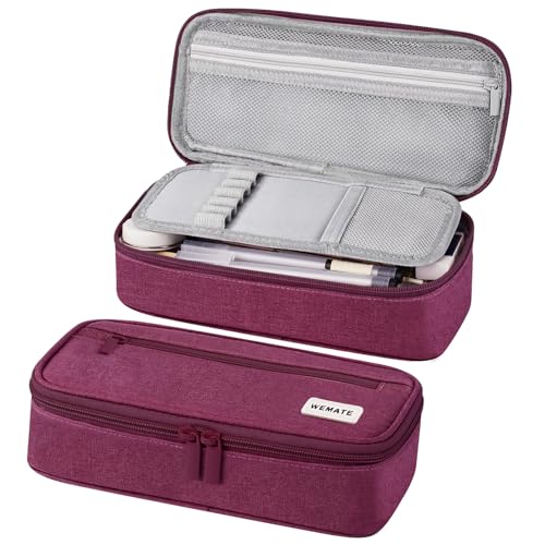 WEMATE Pencil Case, Large Storage Organizer, Makeup Bag, Teacher Must - have, Big Pencil Pouch, Marker Case for College - color: Purple Red