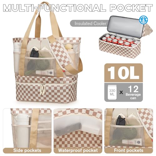 WOOMADA Beach Tote Bag With Cooler, Large Mesh Beach Bags for Women with Wet Pocket, Pool, Swim, Travel Essentials - color: Brown Checkerboard