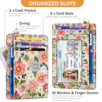 Yonlevres Credit Card Holder Slim Wallet, Floral RFID Wallet Women Front Pocket Small Card Holder, Travel Cute Thin with ID Window PU Leather RFID Blocking Case Organizer Gift Girls Ladies - color: Floral