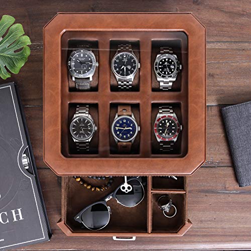 ROTHWELL 6 Slot Leather Watch Box with Valet Drawer - Luxury Case Display Organizer, Microsuede Liner, Locking Mens Jewelry Watches Holder, Men's Watch Storage Large Glass Top (Tan/Brown) - color: 6 Slot - Tan / Brown