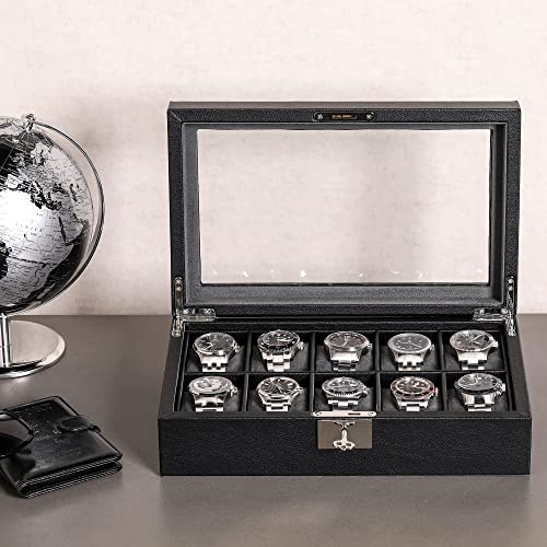 ROTHWELL 10 Slot Leather Watch Box - Luxury Case Display Jewelry Organizer - Locking Watch Display Case Holder with Large Glass Top - Box Organizer for Men and Women (Black/Grey) - color: Black / Grey