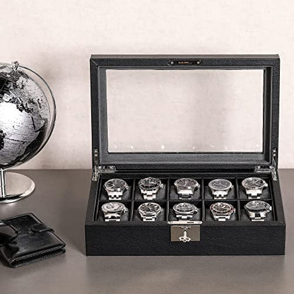 ROTHWELL 10 Slot Leather Watch Box - Luxury Case Display Jewelry Organizer - Locking Watch Display Case Holder with Large Glass Top - Box Organizer for Men and Women (Black/Grey) - color: Black / Grey