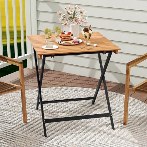 Tangkula 28-Inch Acacia Wood Patio Dining Table, Square Foldable Outdoor Table with Slatted Tabletop, Portable Outside Bistro Dining Table for Backyard, Porch, Balcony - size: 28"