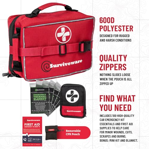 Surviveware 238 Pcs Comprehensive Premium Survival First Aid Kit - Medical Emergency Kit for Travel Camping Gear, Home Essentials & Outdoor Emergencies - Survival Kit - style: Large