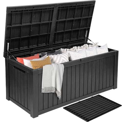 DWVO 180 Gallon XL Deck Box with Divider & Lockable Lid, Waterproof Resin Outdoor Storage for Patio, Garden, Poolside, Cushions, Supplies & Sports Gear, Black - color: Black, size: 180 Gallon, style: Flat Lid w/Divider