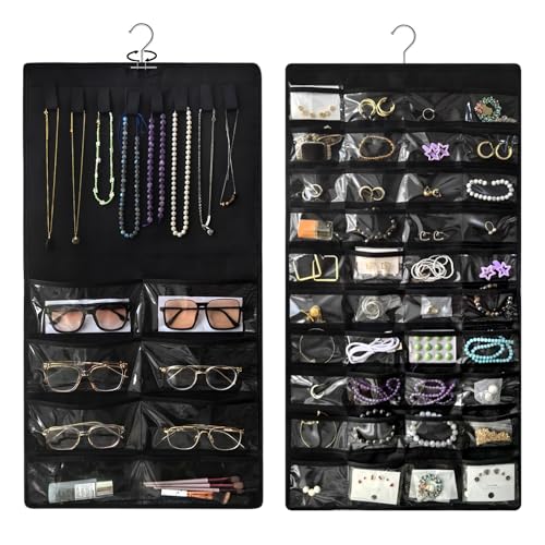 Double-Sided Hanging Jewelry Organizer with 48 Pockets and 8 Hooks – Versatile Accessories Holder for Earrings, Necklaces, Rings, Glasses – Wall, Door, or Closet Mounted Jewelry Hanger. - color: Black (No Zipper)
