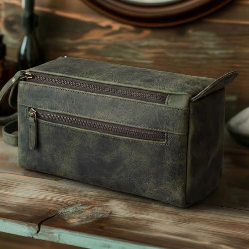 LEATHER VILLAGE Genuine Leather Travel Toiletry Bag - Water-Resistant Dopp Kit for Toiletries, Large Shaving Bag & Bathroom Organizer - Gift for Men & Women - Olive - color: Olive