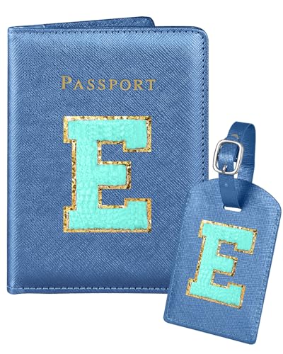 Slohif Passport Holder Initial Lugguage Tag Set Suitcase Cover Wallet Case for Travel Women - Leather Letter Passport Book Personalized Organizer Card Protector Sleeve Essentials Slim Carrier Blue E - color: Blue, style: E