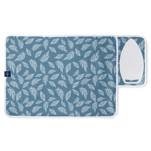 Encasa XO Ironing Mat/Pad (Small 28"x20") with 3mm Padding & Silicone Iron Rest for Steam Pressing on Tabletop or Bed - Heat Resistant, Portable, Quilting & Travel Blanket - Big Leaves Blue - color: Big Leaves Blue, size: Small