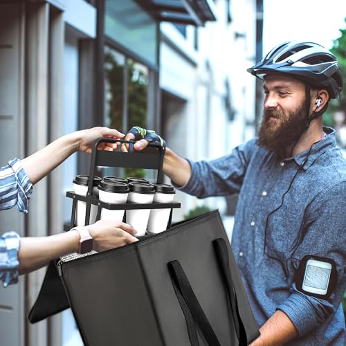 Reusable 6 Cup Drink Carrier with Handle and Insulated Food Delivery Bag, Portable Plastic Cup Caddy, 26L Grocery Cooler Box for Car Delivery, Travel, Picnic - color: Black